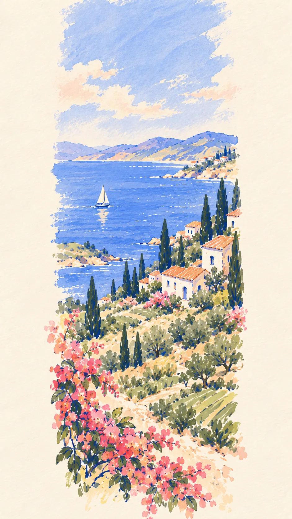 A Mediterranean coast: sea, a sailboat, a whitewashed village, cypresses and olive groves